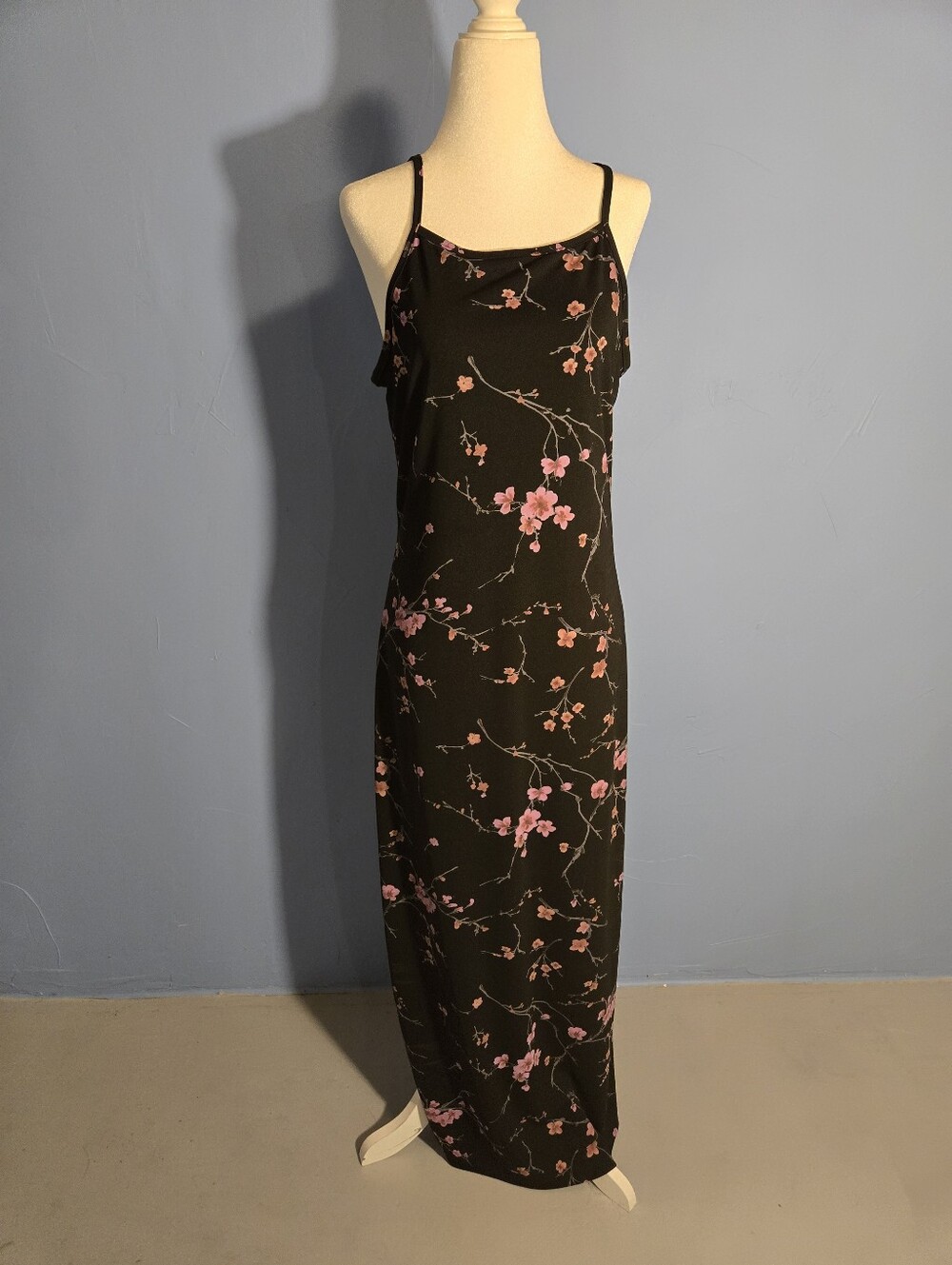 Vtg 90s A Fortiori Black Cherry Blossom Maxi Slip Dress Whimsigoth Floral Small